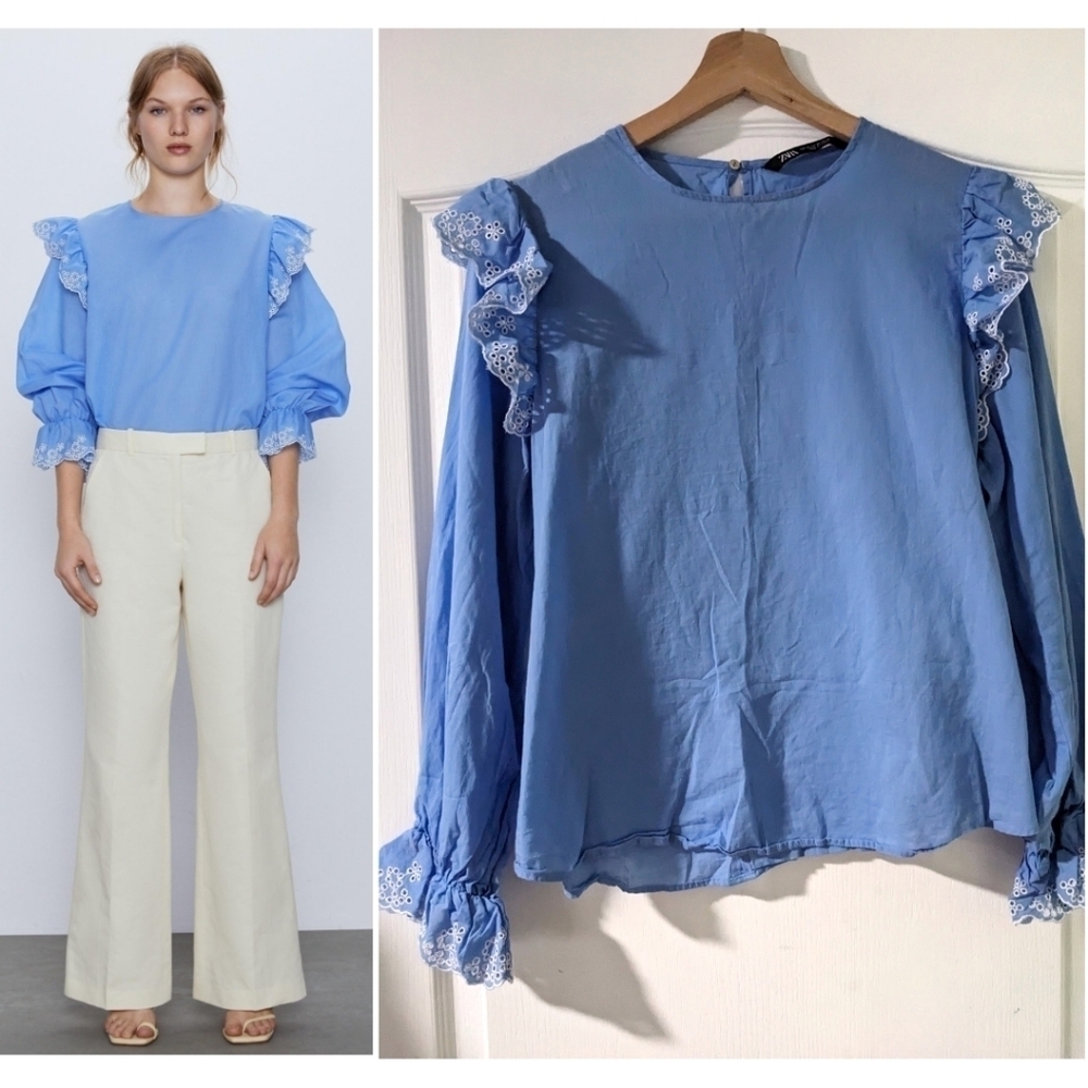 Zara | Eyelet ruffle blouse in blue